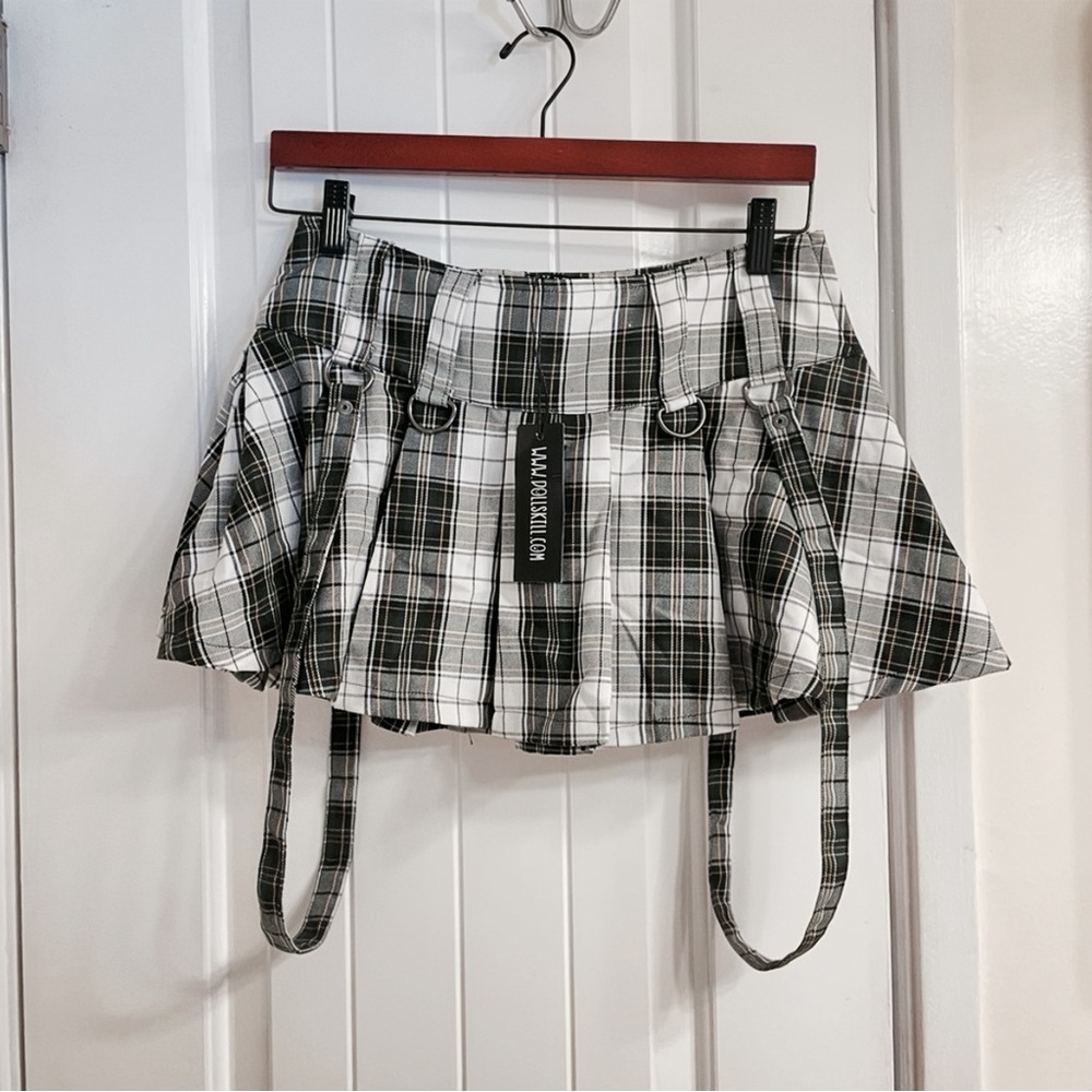 Current Mood Green & White Pleated Plaid Skirt
